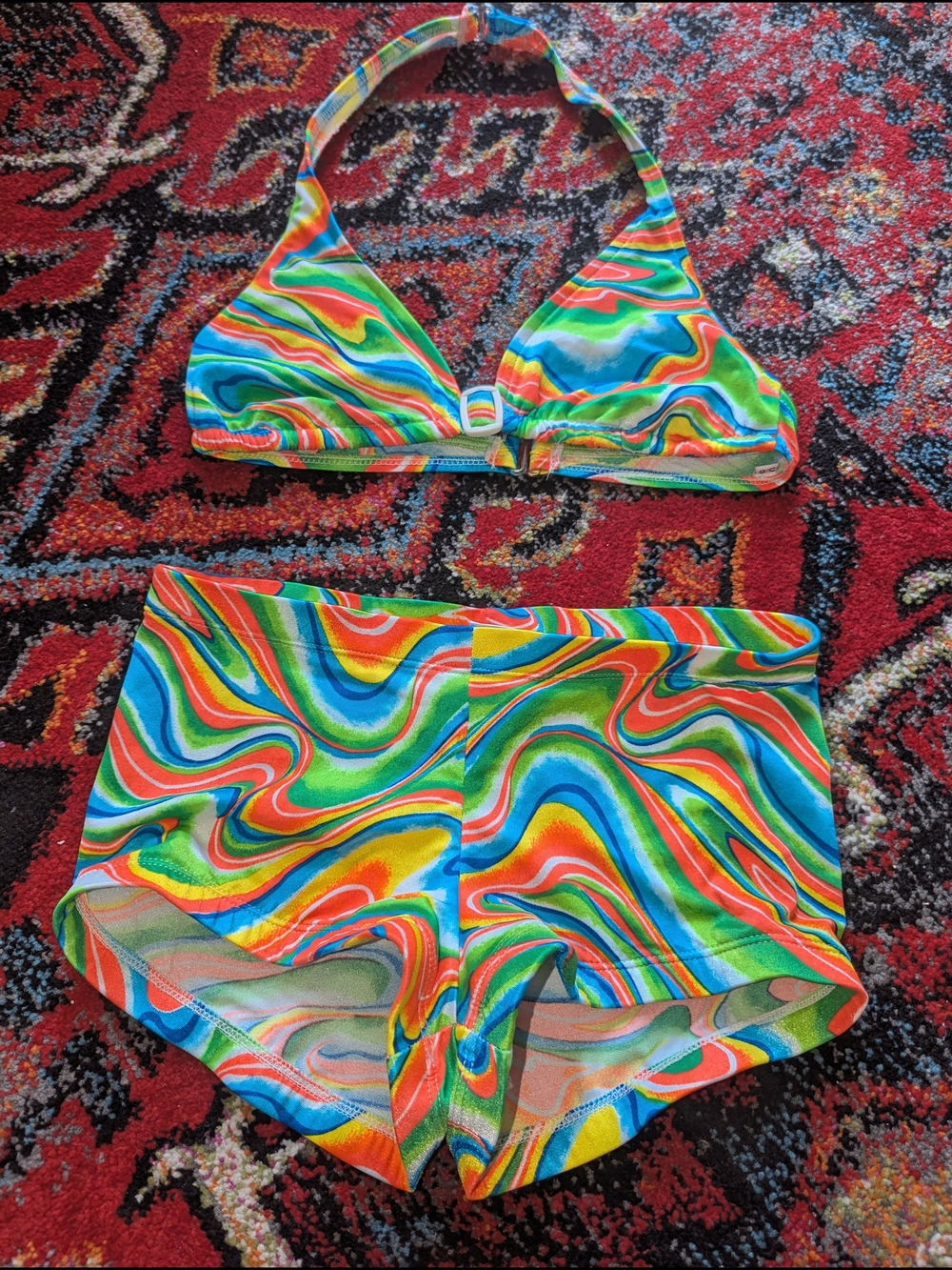 Multicolor Swirl Halter Bikini Top & Swim Shorts